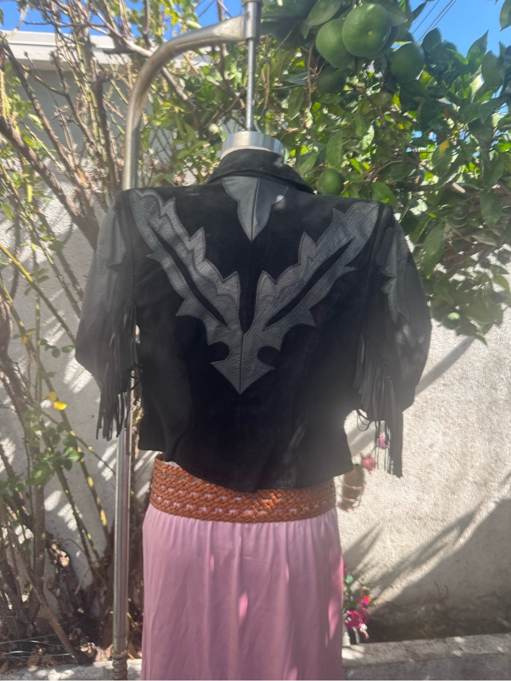 Suede Fringe Cropped Leather Jacket with Contrast Embroidered Back